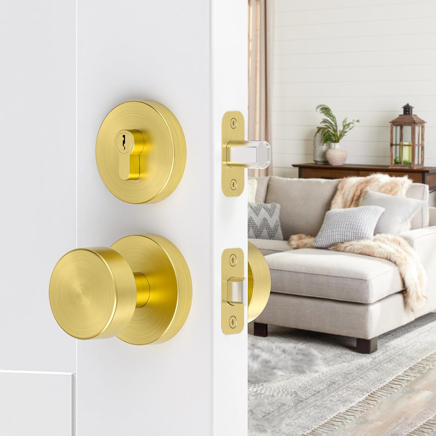 Gold Door Knob with Deadbolt Lock, Satin Brass Front Door Handle with Deadbolt Lock Set, Round Deadbolt and Exterior