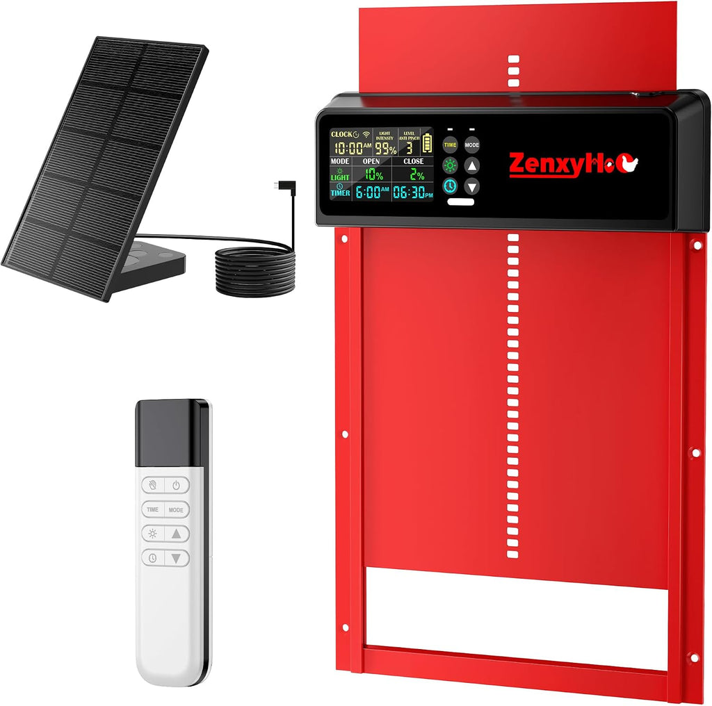 Solar Automatic Chicken Coop Door, Programmable Remote with 6 Modes (Red)