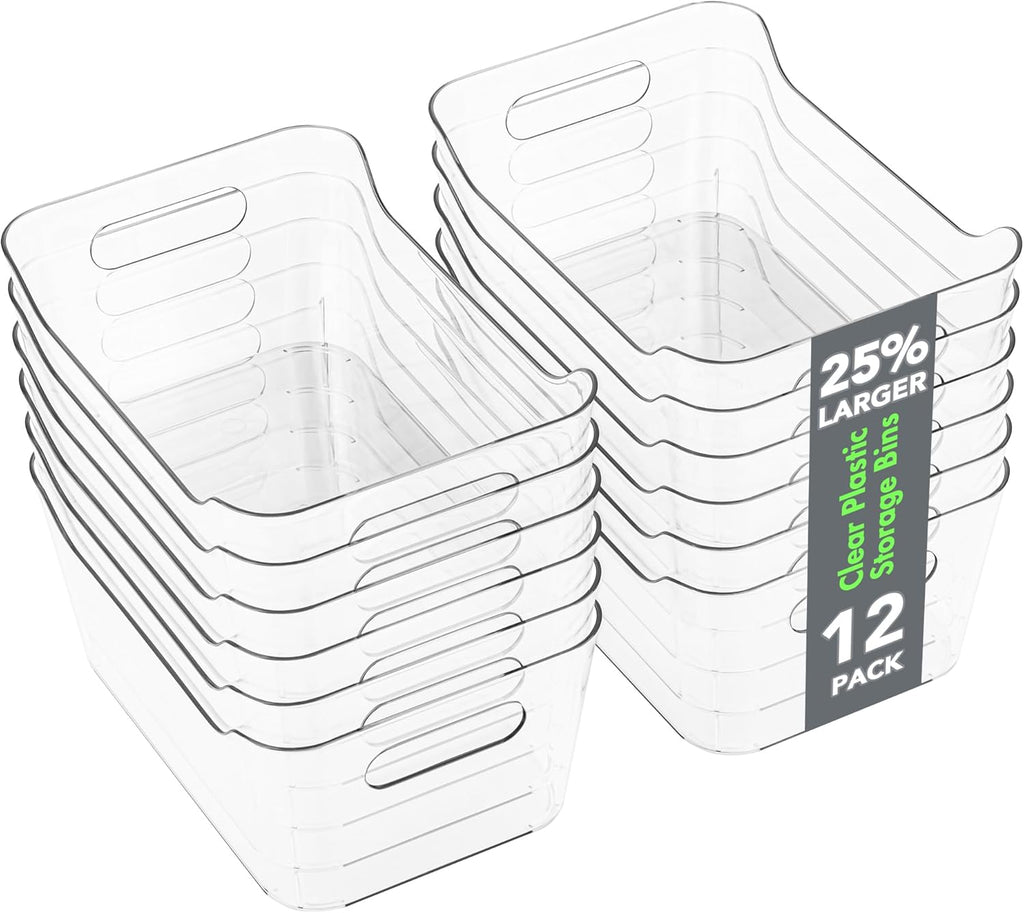 12 Pack Plastic Storage Bins, Multi-Use Organizer Bins, Pantry Organizer, Clear Storage Containers for Home, Kitchen