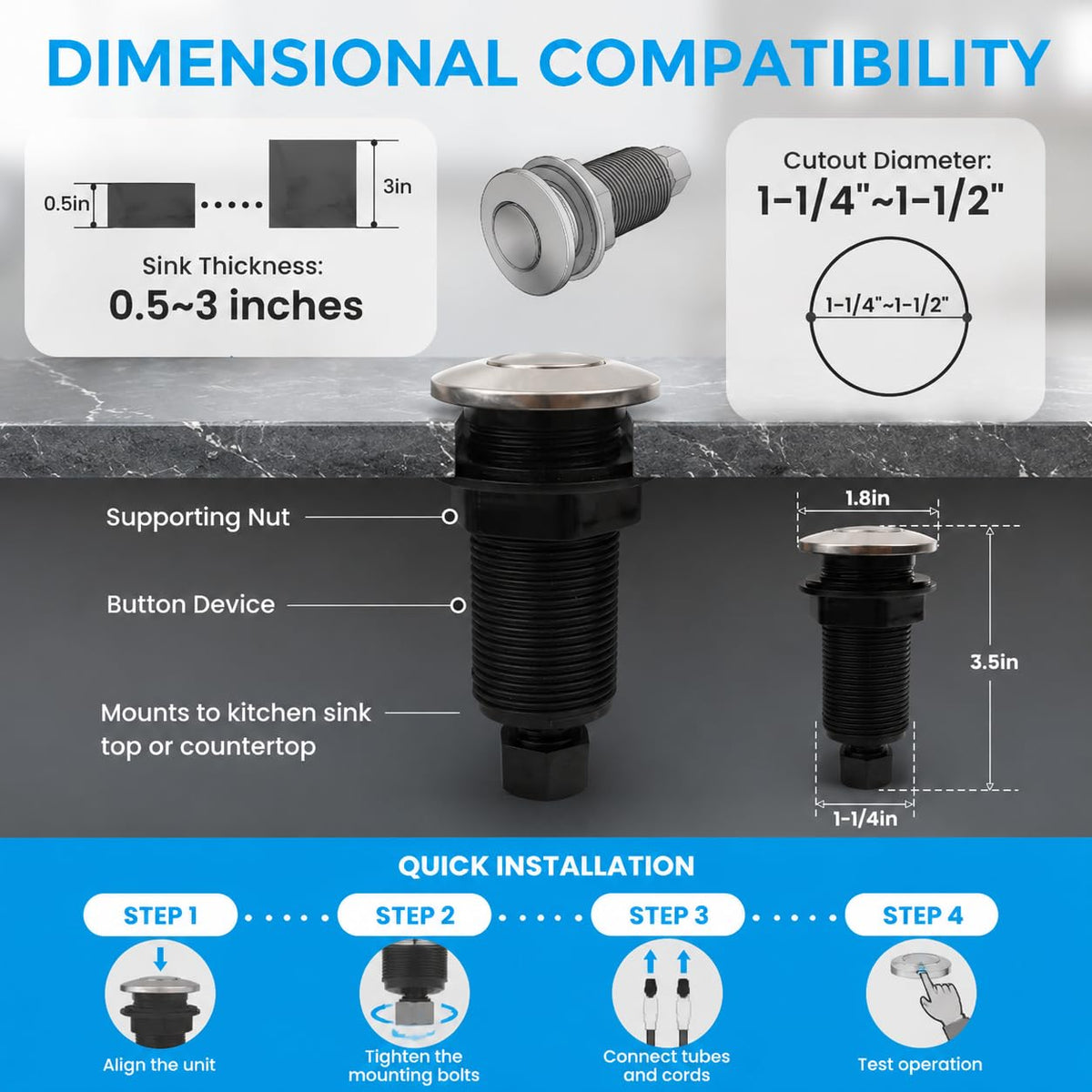 Garbage Disposal Air Switch Kit, Dual Outlet Sink Top Button Switch
