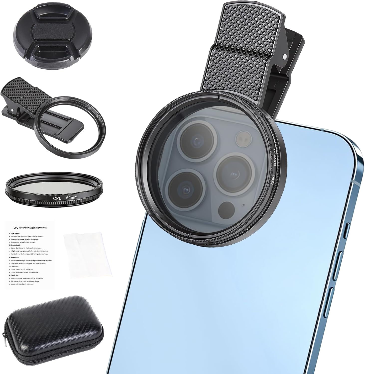 52mm Circular Polarizer Filter for iPhone and Android, CPL Lens Filter, Multi-Layer Coated, HD Transparent