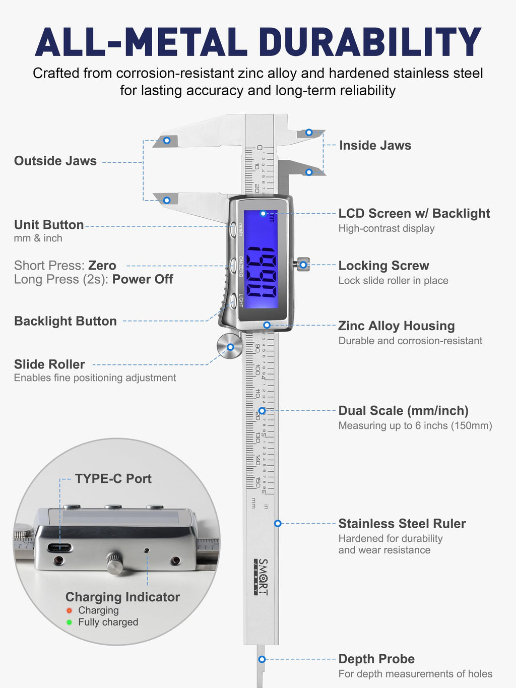 6'' Rechargeable Digital Caliper, All Metal & Long Lasting Design