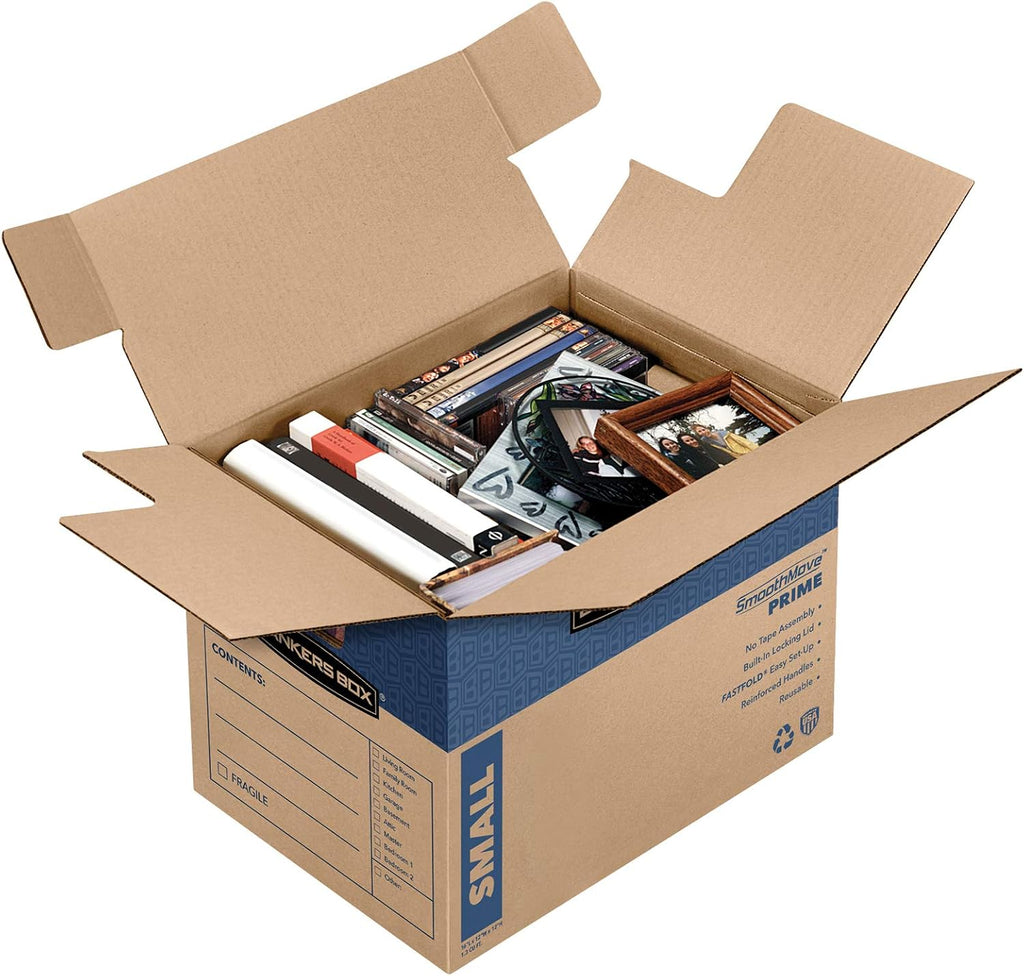 Small Prime Moving Box 5 Pack, Reinforced Handles, Tape-Free Assembly, Attached Lid, 16-in x 12-in x 12-in (8862701)