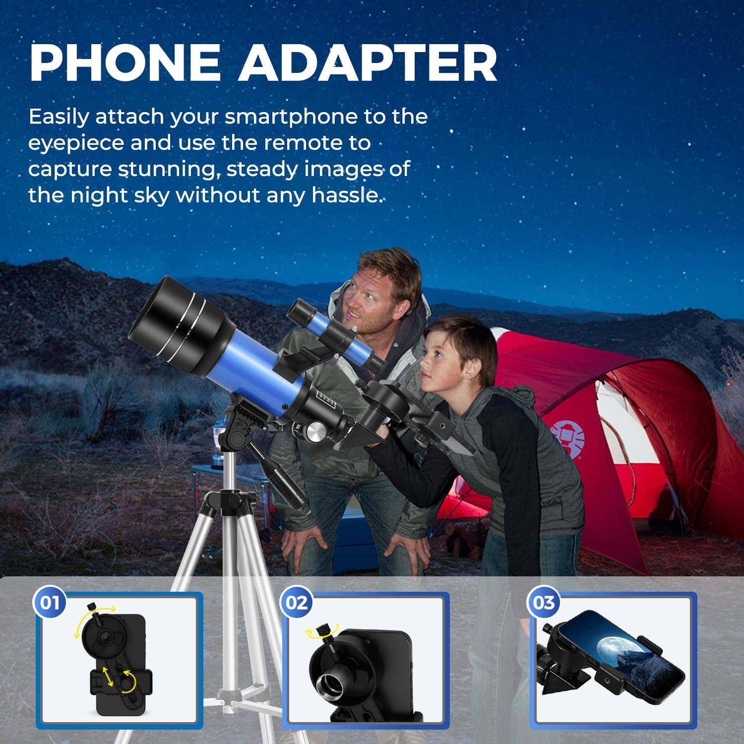 Telescope for Kids & Beginners, 70mm Aperture Portable Telescopes with 3 Eyepieces, Height Adjustable Tripod & Phone