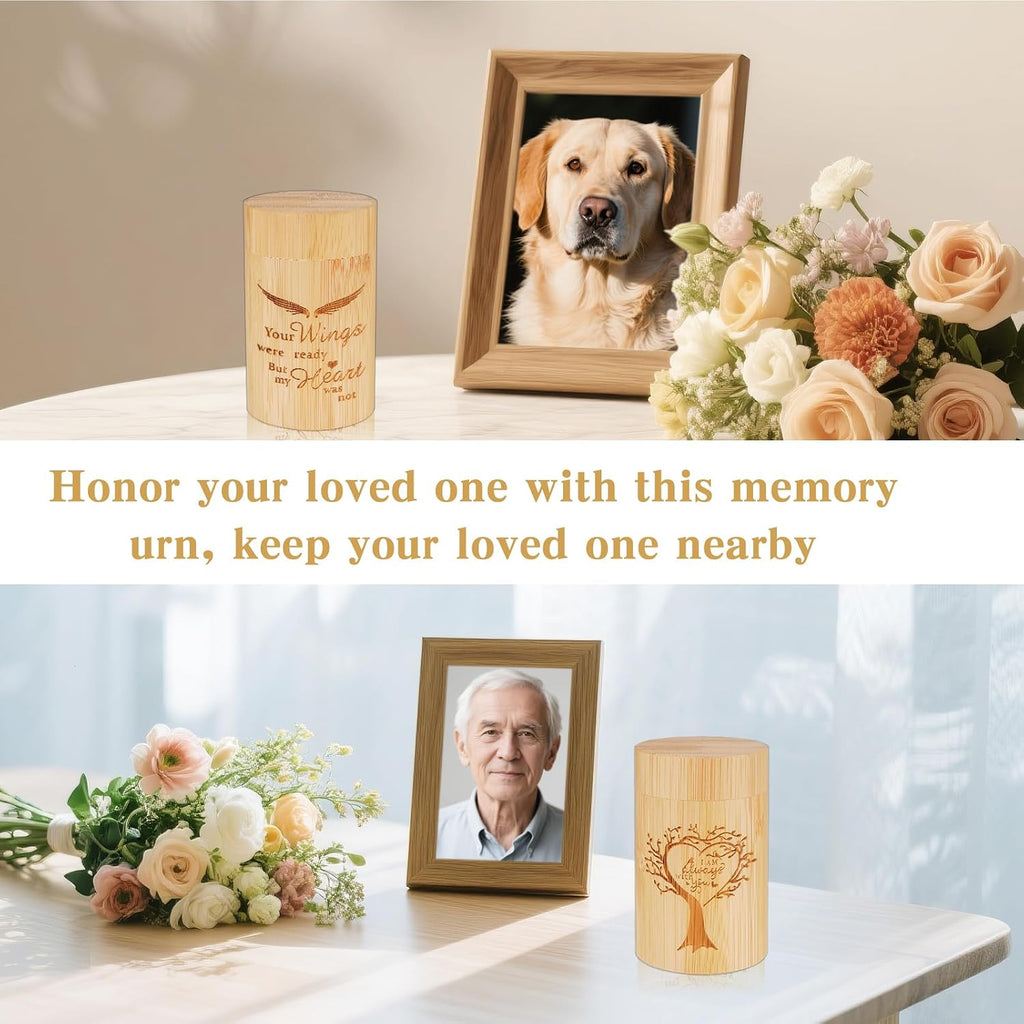 Small Urns for Human Ashes Keepsake Set of 2, Memorial Urns for Human Ashes, Natural Bamboo Mini Urns for Ash