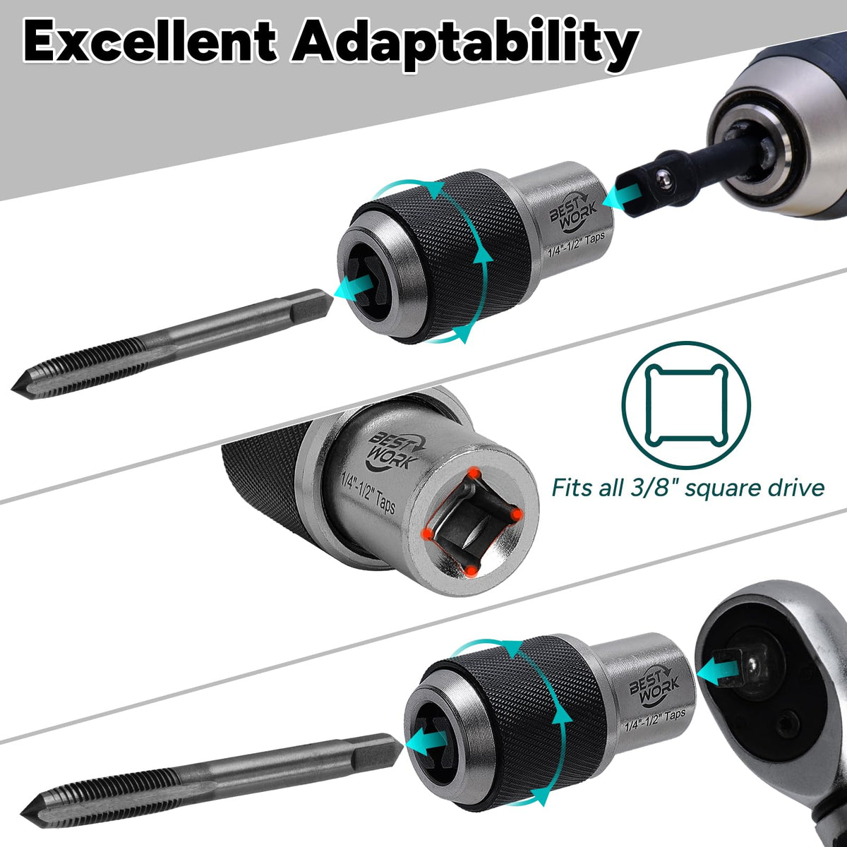 Bestwork 3pcs Adjustable Tap Socket Set, 3/8" Drive Tap Handle Tool