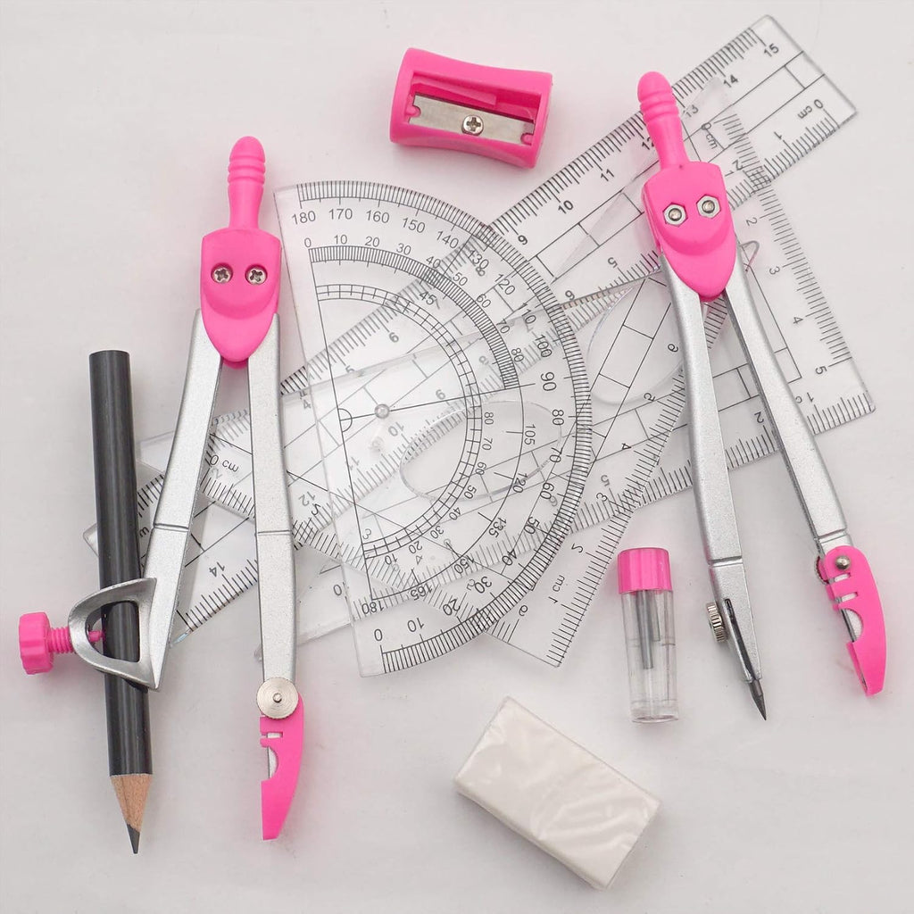 Geometry Set Maths Compasses for Grade Students Back to School Supplies with Compasses Protractor in Carry Case, Pink
