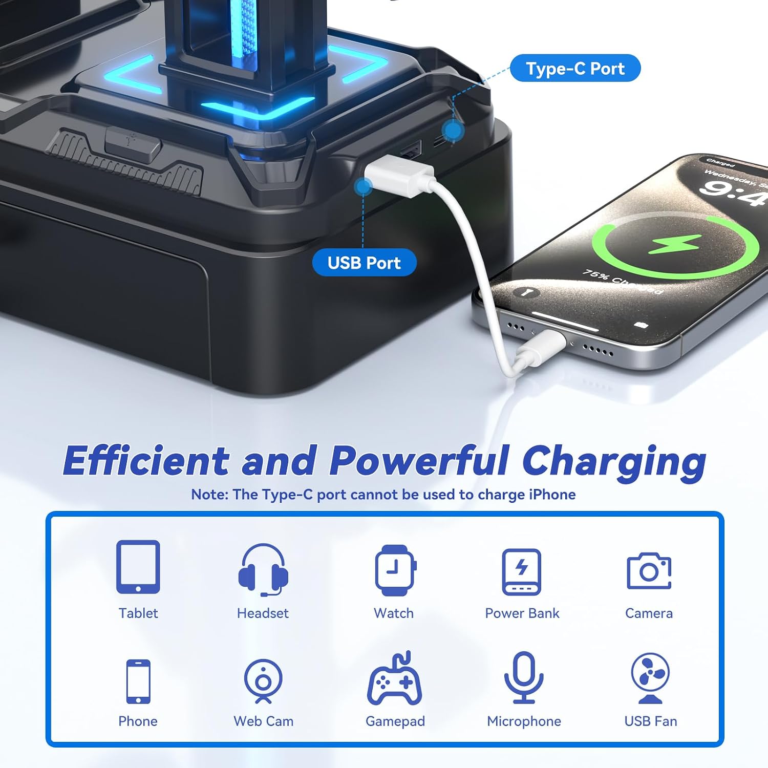 Headphone Stand with USB A&C Charger Ports - RGB Controller Stand with Detachable Hooks - Rotatable Headset Hanger &