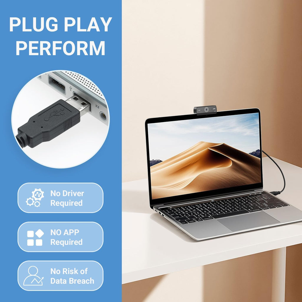 Webcam for PC, HD 1080P USB Plug-and-Play Computer Web Camera, High Definition Webcam for Desktop Laptop, Ideal for