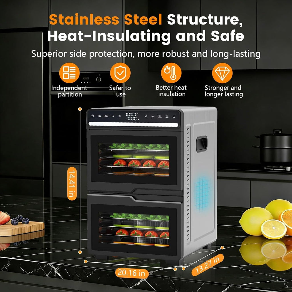 Food Dehydrator, 12 Stainless Steel Trays with 8.8 ft² Drying Space, 1100W, 176°F Dehydrated Dryer for Jerky & Time
