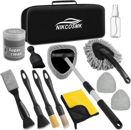 Windshield Cleaner Tool, 14Pcs Car Cleaning Kit - Car Interior Detailing Kit with Extendable Handle, Cleaning Gel &