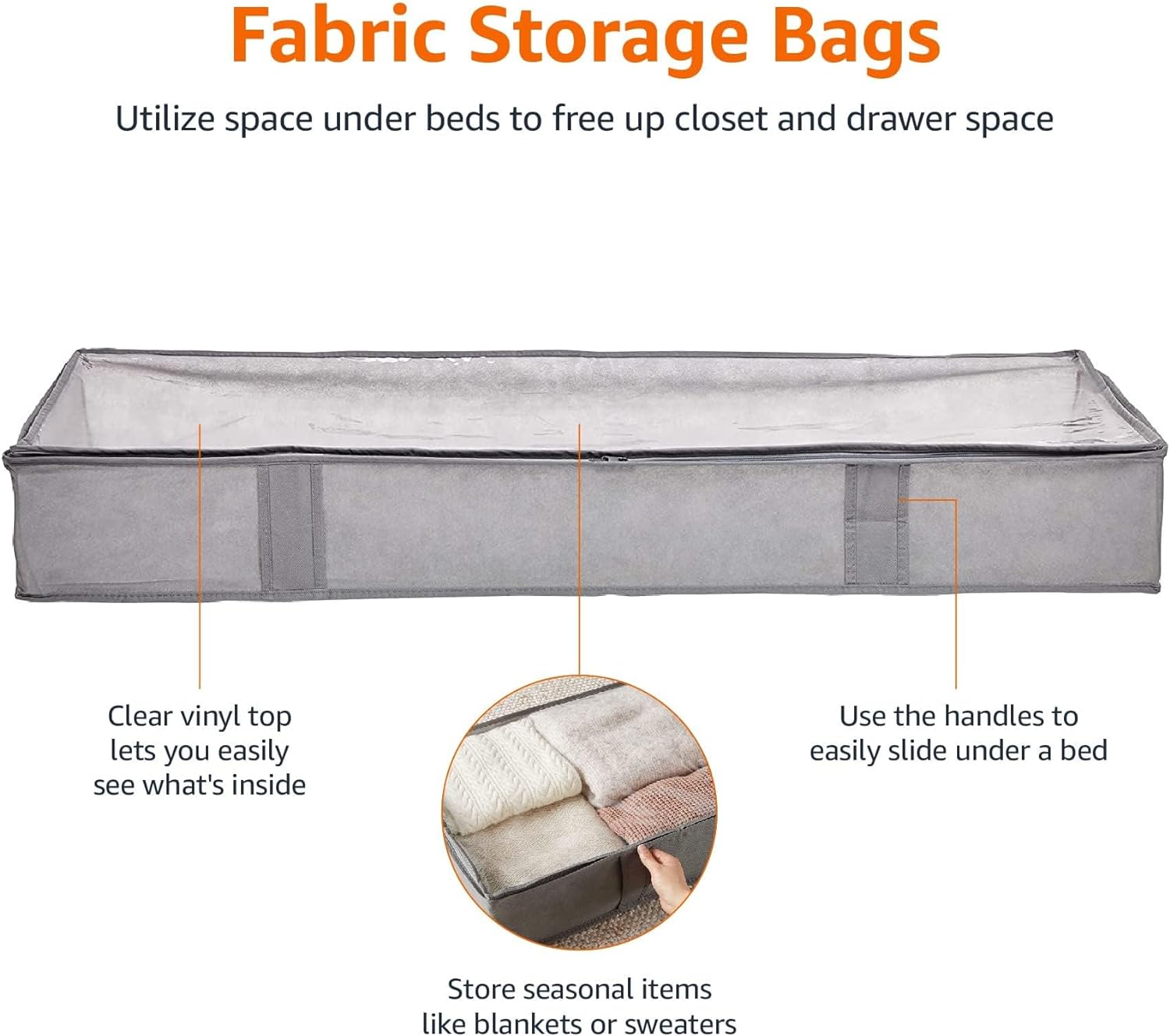 Under Bed Storage Bags for Clothes and Blankets, Foldable Fabric Zipper Container with Clear Window and Reinforced