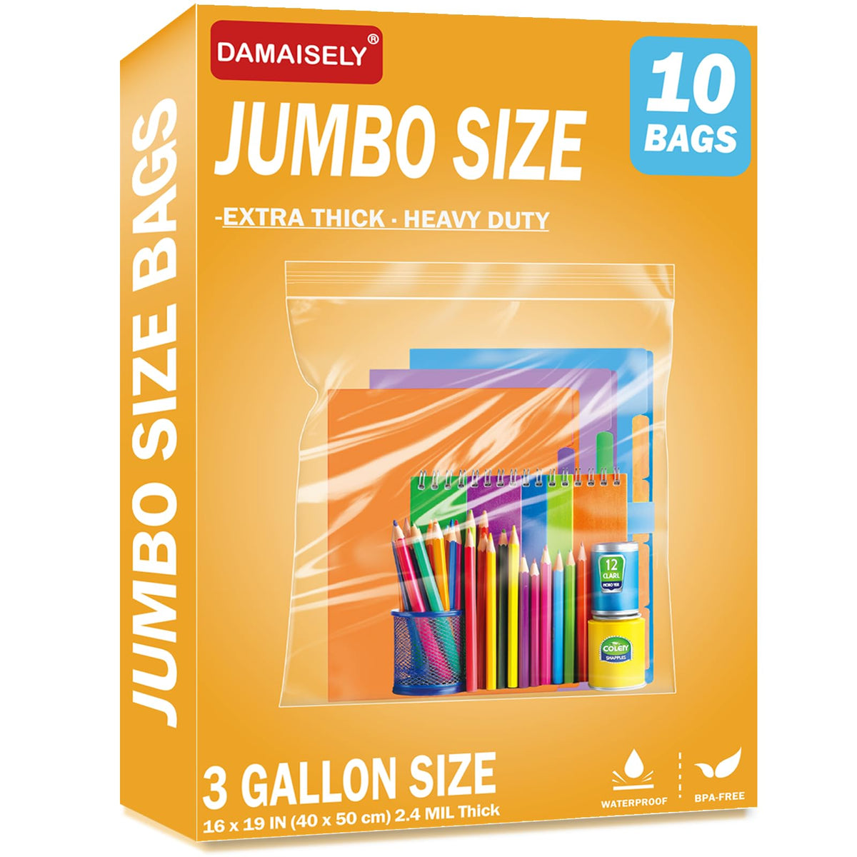 3 Gallon Large Zipper Bags for Storage, 16" x 19" (10 Count)
