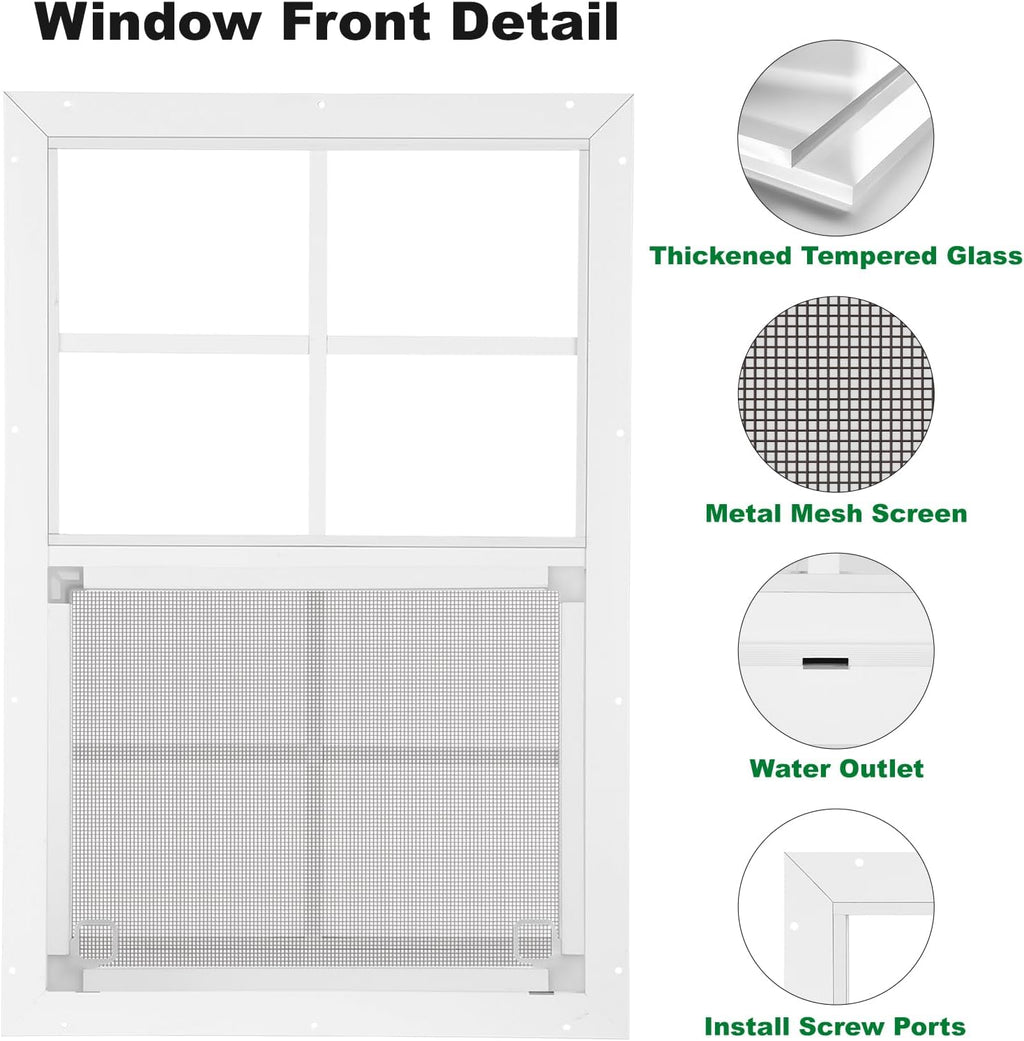 18" x 27" Shed Windows 2 Pack, Small Sliding Window with Tempered Glass & Metal Mesh Screen, Flush Mount Windows for