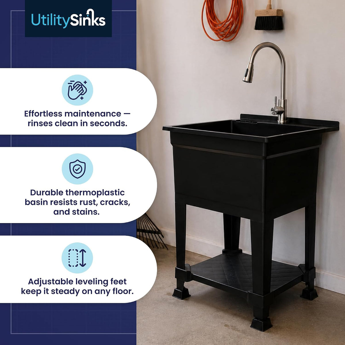 Utility Sink Black - Quick Connect Drain - 24 x 24 in