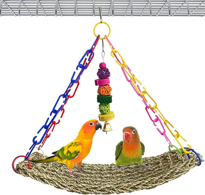 Bird Seagrass Mat,Birds Swing Toy,Natural Grass Handmade Woven Hammock Hanging Parrot Lounger with Colour Toys for