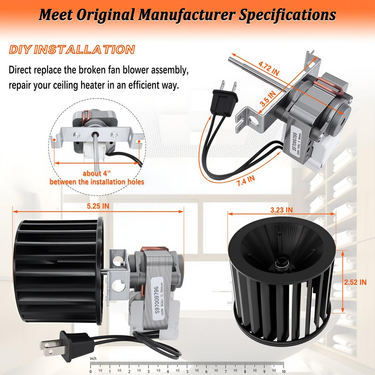 S97009796 Bathroom Fan Motor Assembly for Bulb Ceiling Heater 164-E/G/J/K/L/M & 162-E/G/J/K/L/M Bath Fan Motor Blower Replacement Parts 97009796, S97009758, S99080280