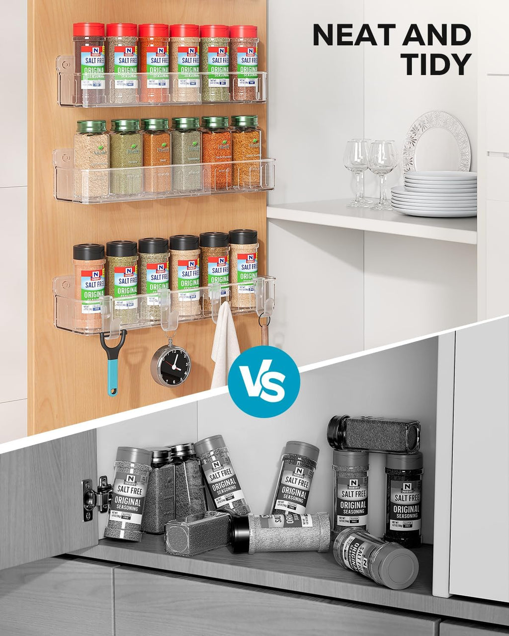 Spice Rack Wall Mount, 4 Pack, Clear, 2 Inch Wide, Screw or Adhesive Installation, Spice Rack Organizer for Small