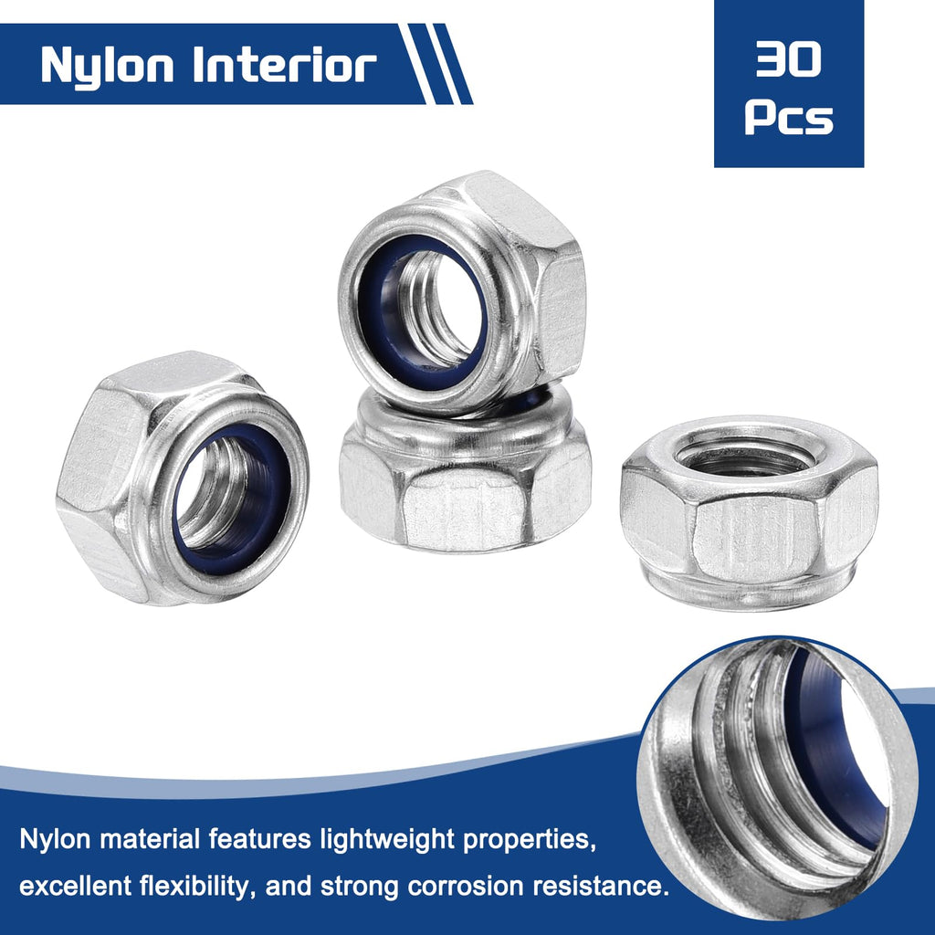 Kozelo 30Pcs M8-1.25 Nylon Locking Hex Nuts 316 StainlessSteel Silver