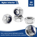 Kozelo 30Pcs M8-1.25 Nylon Locking Hex Nuts 316 StainlessSteel Silver