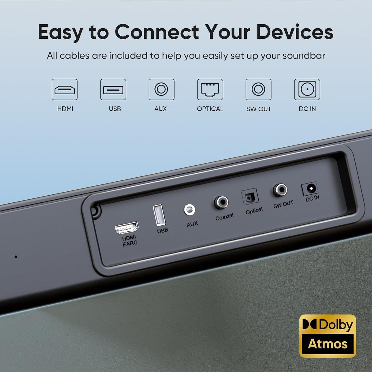 Sound Bar for Smart TV with Subwoofer, 200W 2.1ch Dolby Atmos Surround Sound System for Home Theater