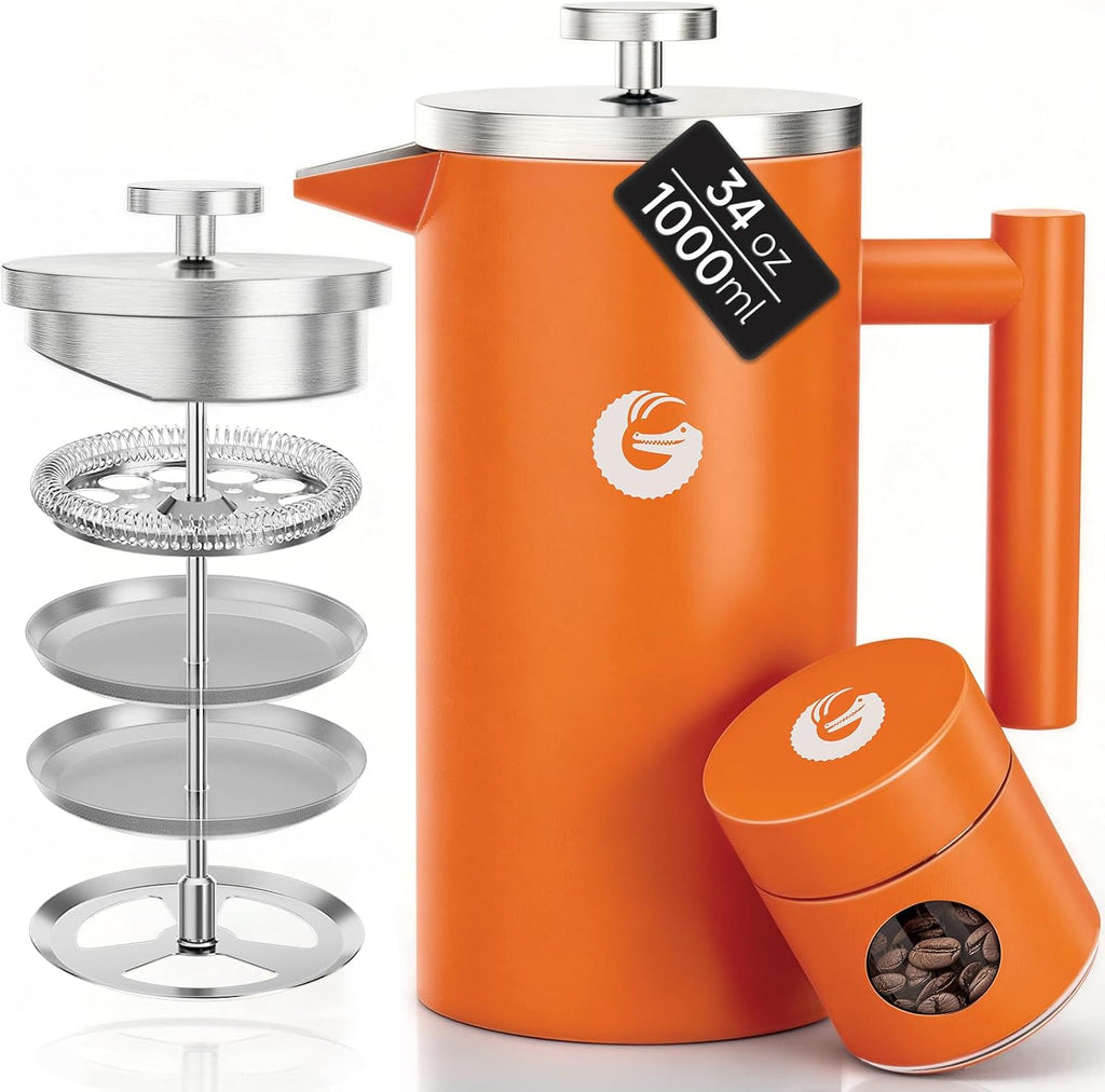 French Press Coffee Maker 34oz, Double Insulated Stainless Steel Brewer plus Travel Jar Canister, Portable Hot Cold