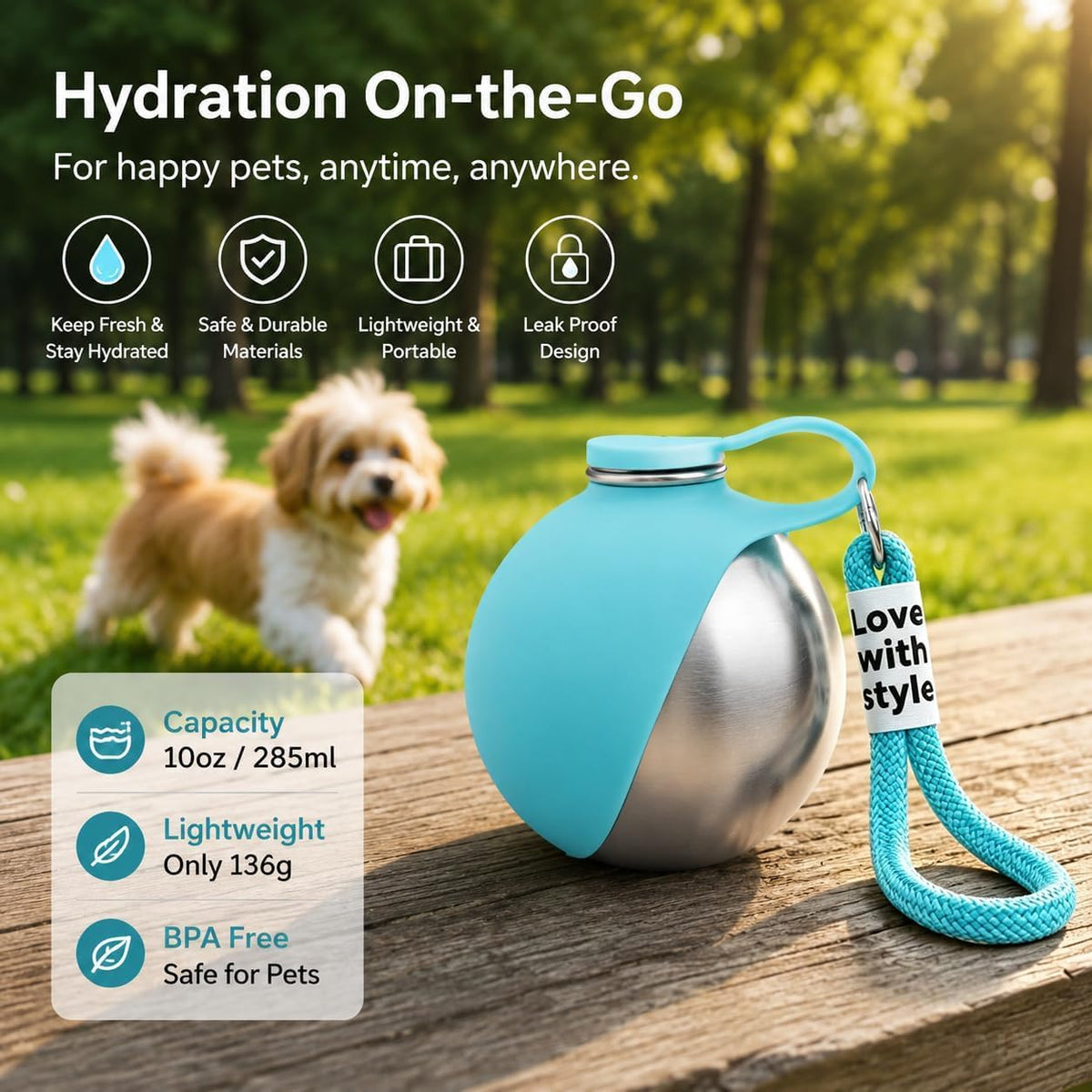 2 in 1 Portable Dog Water Bottle, 285ml Foldable Dog Travel Water Bottle with Silicone Bowl, Leak Proof Pet Water