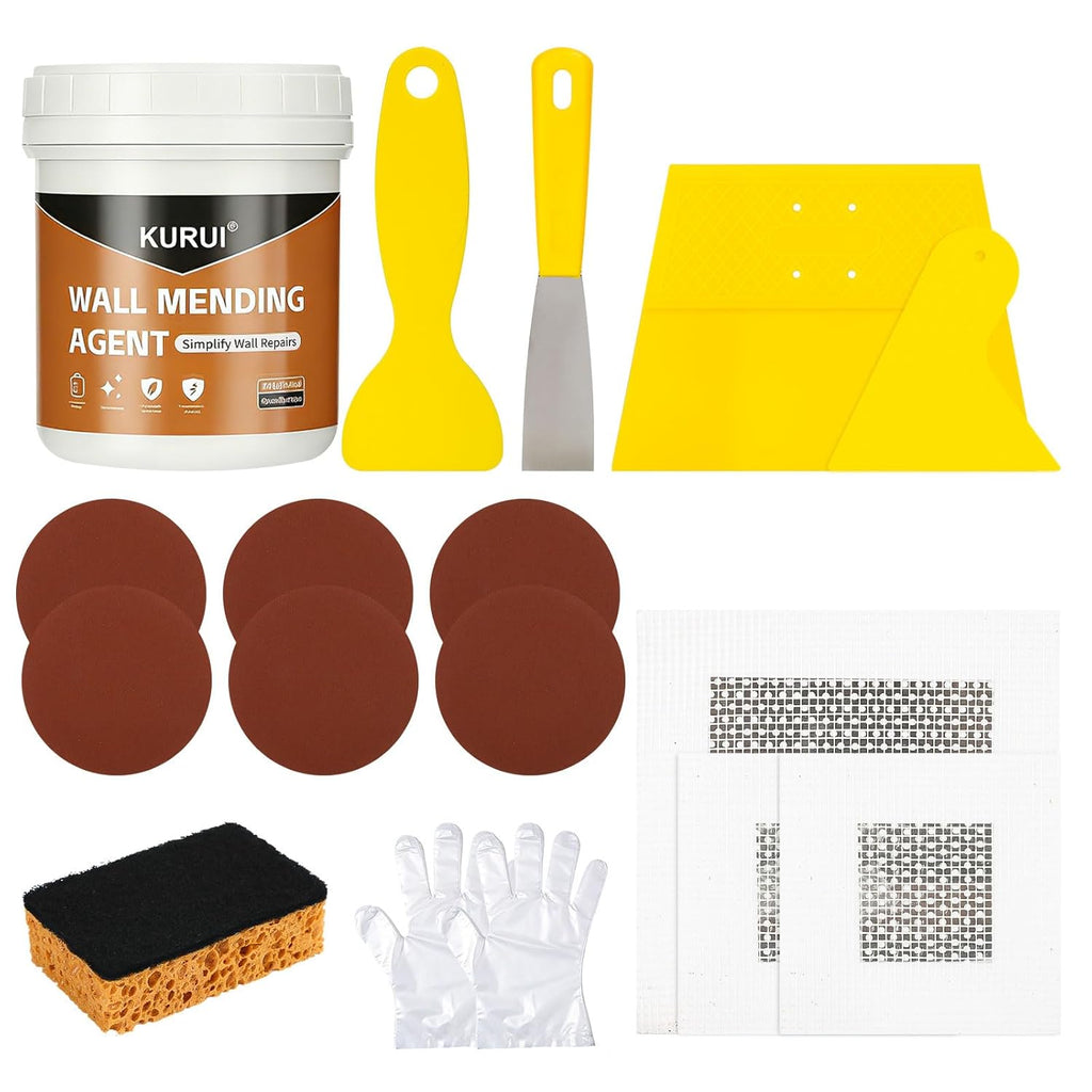 Drywall Repair Kit, 8.8oz Spackle Wall Repair Paste with Scraper, 6 Sandpaper Sheets & Self Adhesive Dry Wall Patch