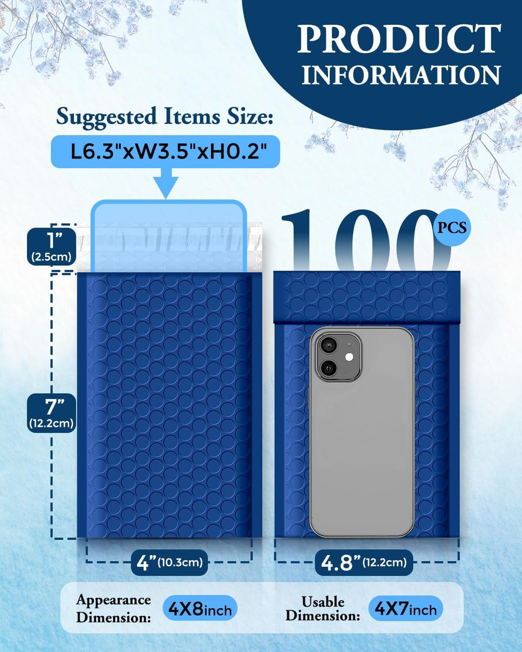 Blue Bubble Mailers 4x8 100 Pack, Self Seal Padded Envelopes