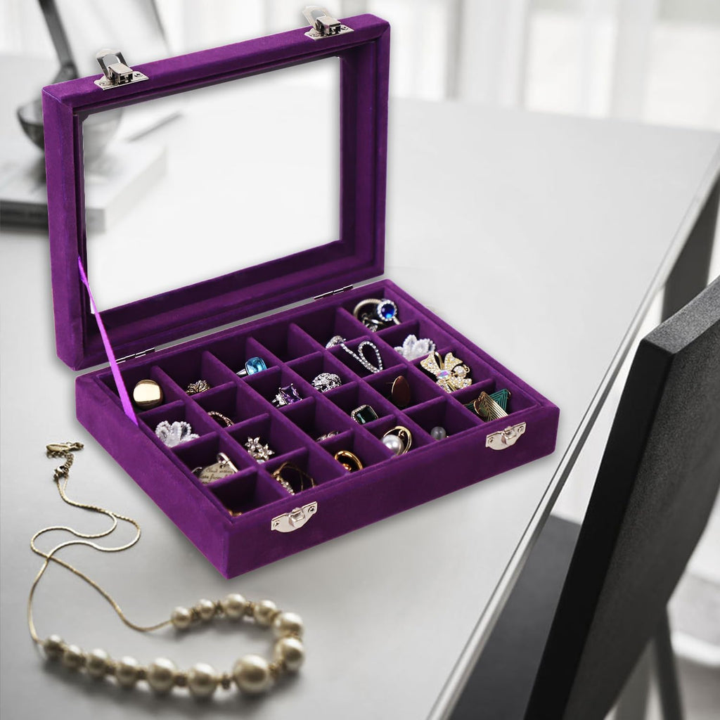 Velvet Jewelry Box 24 Grid Jewelry Earrings Display Organiser Box Ring Tray Holder Earrings Storage Case for Girls