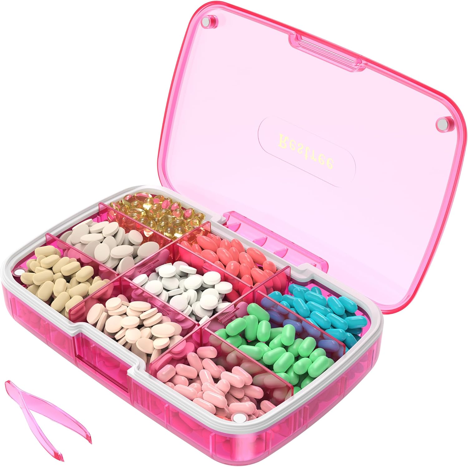 Pill Organizer, Large Waterproof Travel Pill Case, Magnetic Closure & Adjustable Dividers for Daily Vitamins