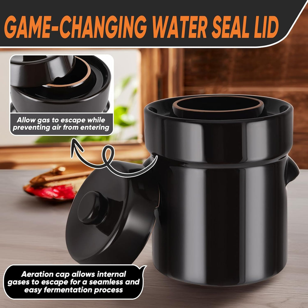 Fermentation Crock 2 Liter / 0.5 Gallon, Sauerkraut Crock with Lid, Weights & Pounder - Ceramic Fermenting Crock Kit