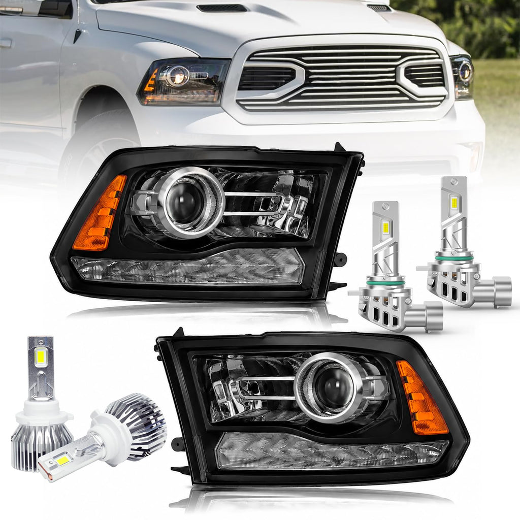 LED DRL Projector Headlights Assembly w/LED Bulbs For 2009-2018 Dodge Ram