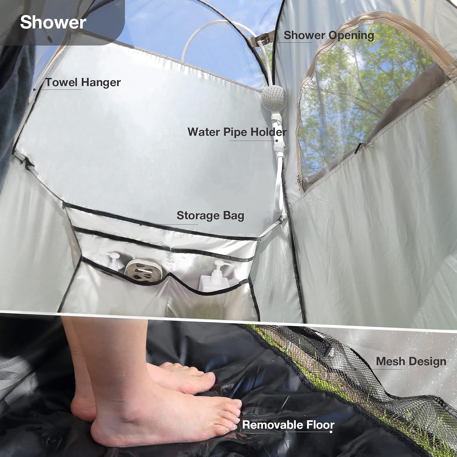 Pop Up Shower Tent with Mesh Window, Portable Toilet Privacy Tent, 6.9 FT, Removable Rain Cover/UPF 50+