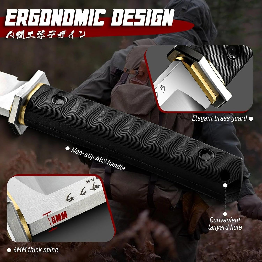 Japanese Fixed Blade Knife with Sheath, Heavy Duty Machete Knife | D2 Steel Survival Knife with 6mm Thick Spine for