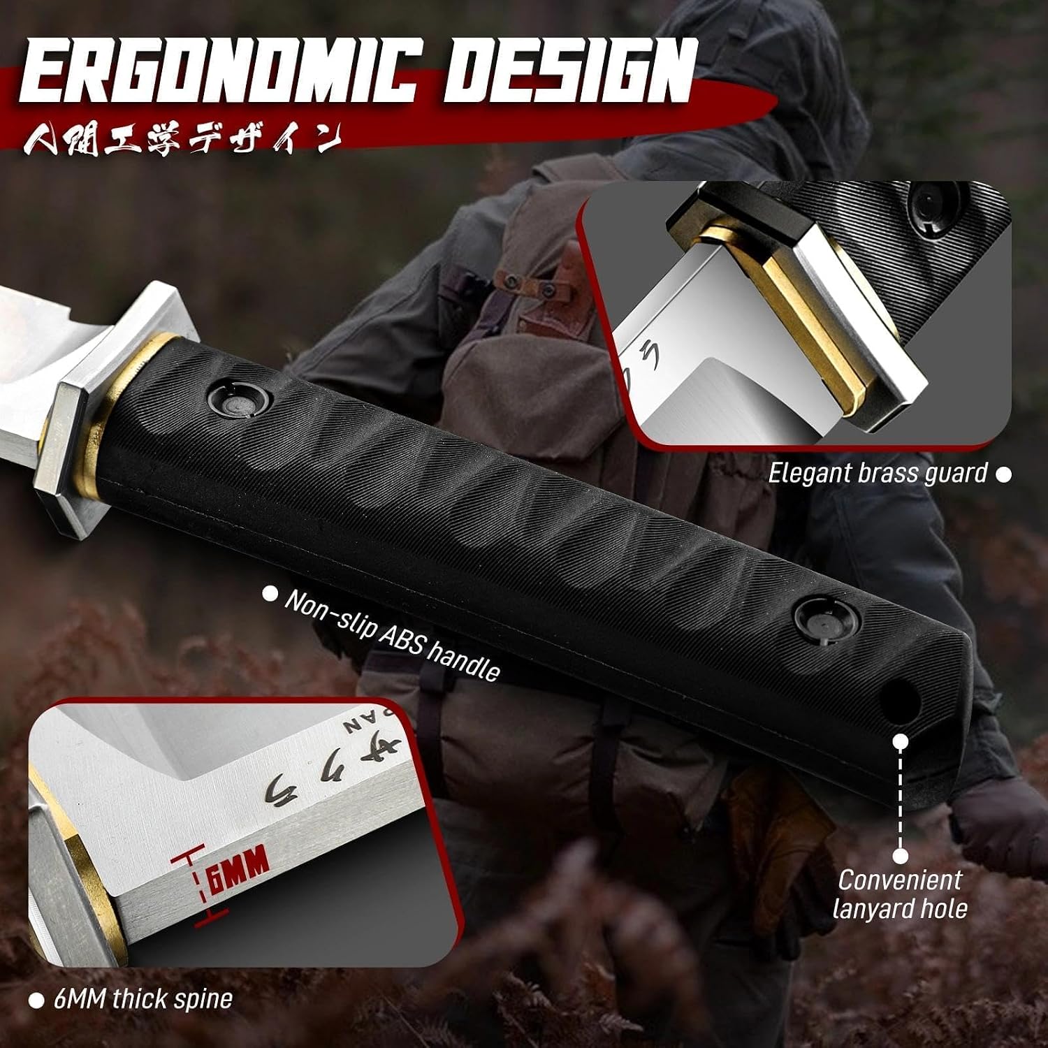 Japanese Fixed Blade Knife with Sheath, Heavy Duty Machete Knife | D2 Steel Survival Knife with 6mm Thick Spine for