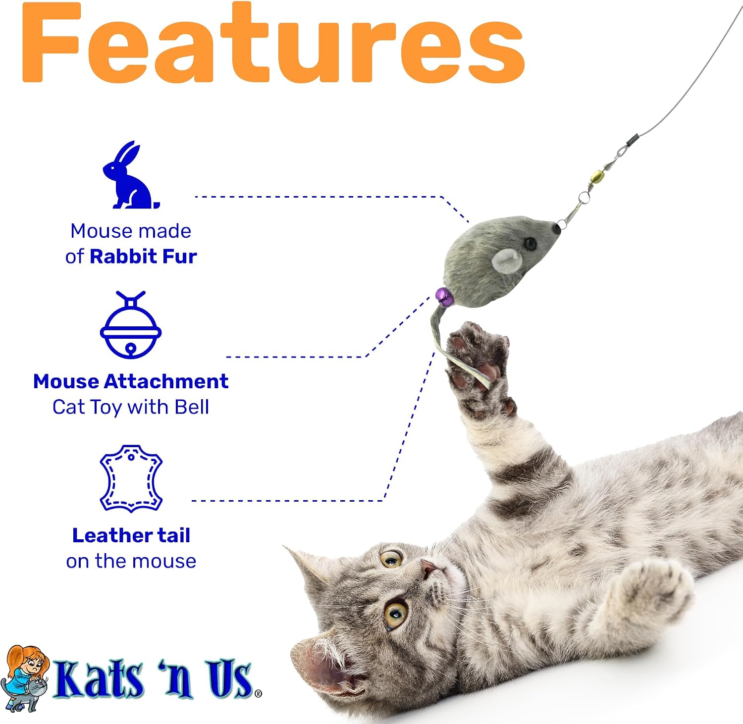 Kats’N US 2 Inch Real Rabbit Fur Handmade Mouse Cat Toy with 19 Inch White Wand - Gray Teaser with Bell, Durable