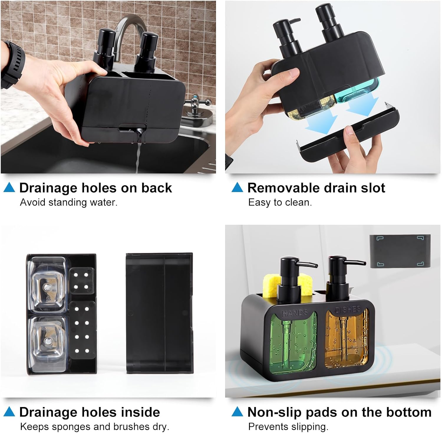 Kitchen Soap Dispenser Set, with Hand and Dish Soap, Sponge Caddy and Brush Holder 4-in-1 Kitchen Dual Soap Dispenser