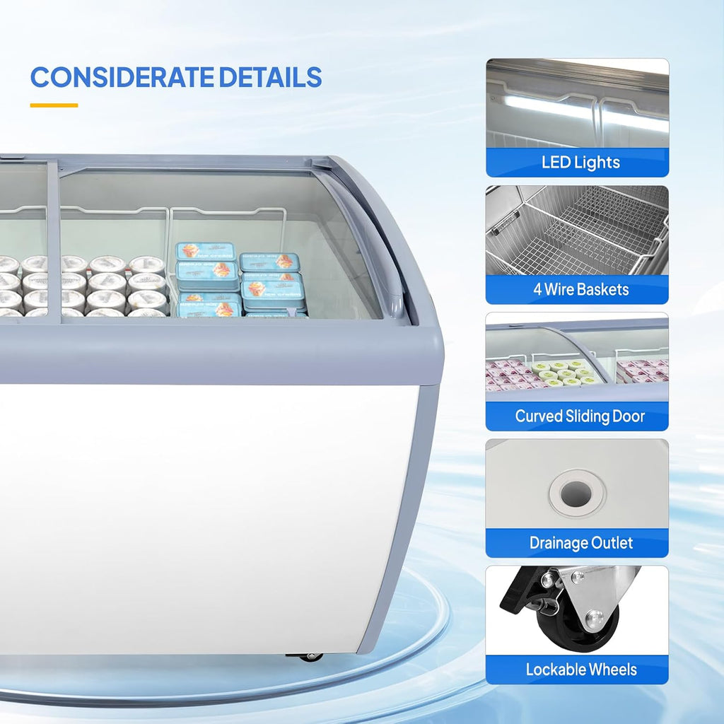 12.7 Cu.Ft Commercial Ice Cream Freezer, 50" Chest Freezer Glass Top Display Case w/Removable Baskets Lockable Wheels
