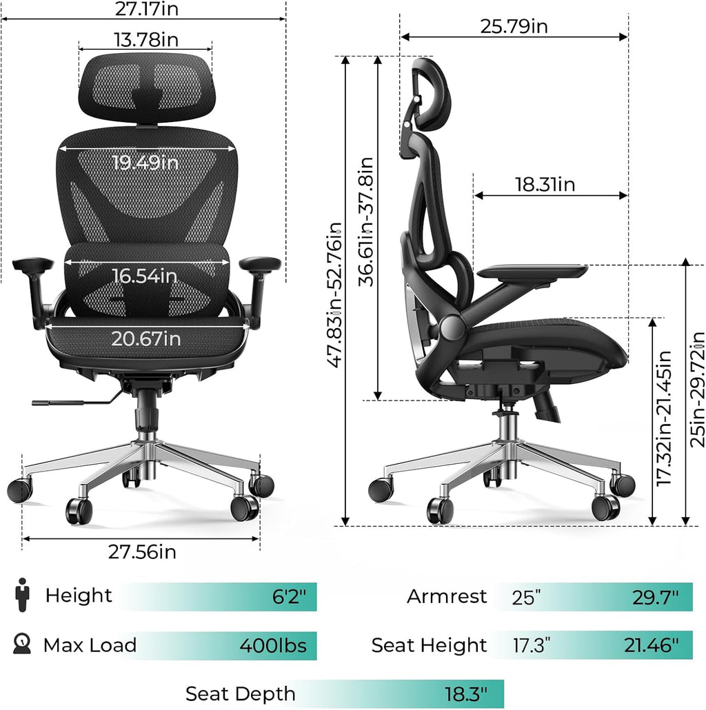 Ergonomic Mesh Office Chair, Adjustable Lumbar High Back Desk Chair 400lbs, 4D Flip-up Arms, 3-Level Tilt Backrest