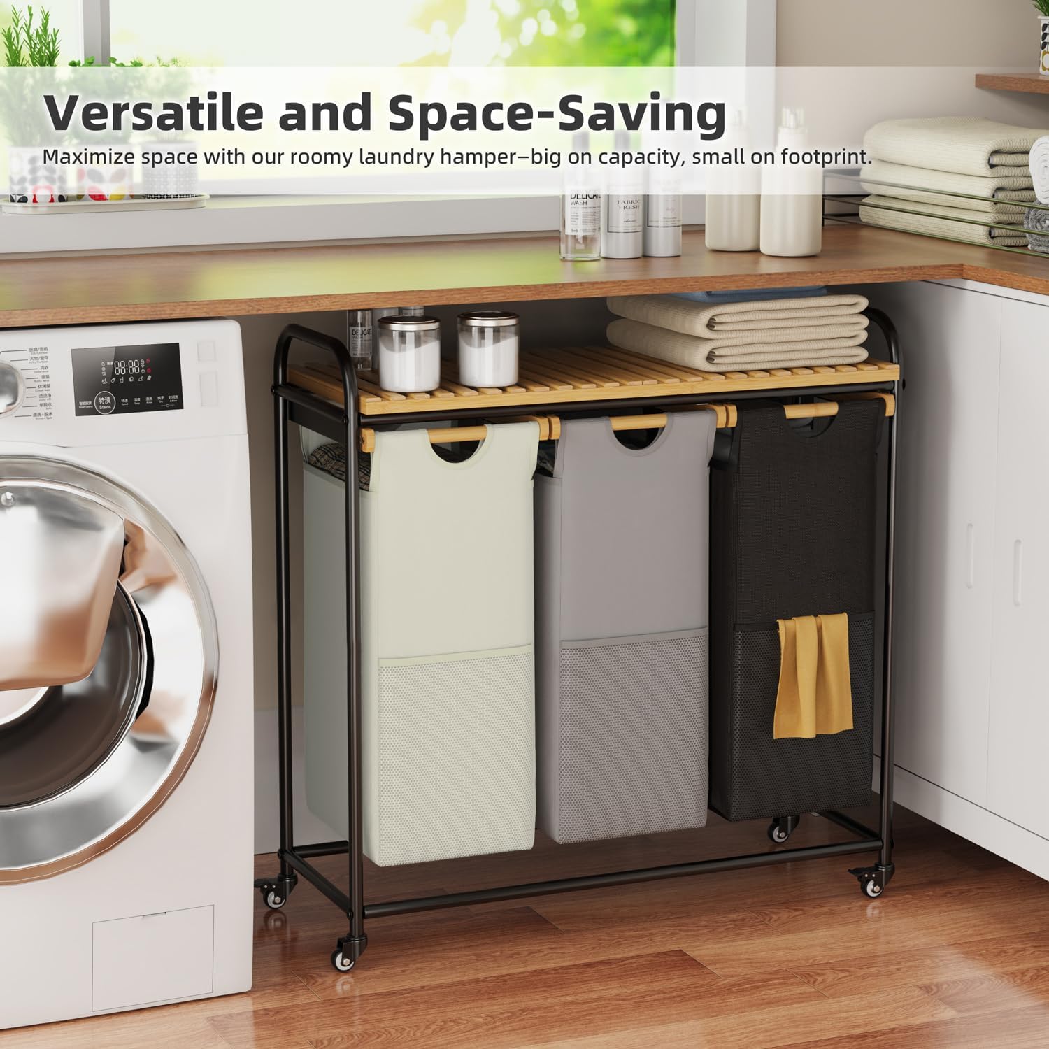 Laundry Hampers 3 Section, Laundry Sorter with Removable Shelf and Pull-Out Bags, Rolling Cart Clothes Hampers Basket