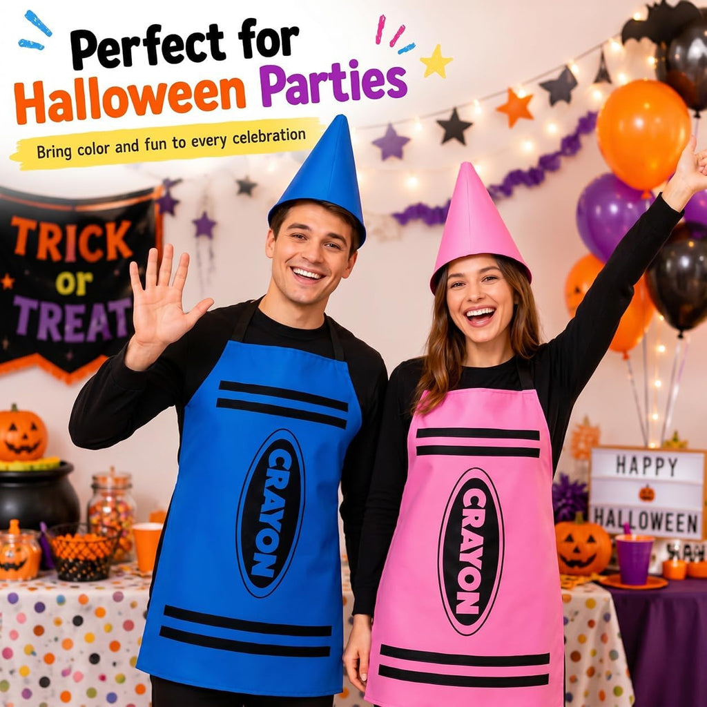 Crayon Costume Set for Adults - School Halloween Dress Up Outfit | Polyester Crayon Outfit with Apron and Cone Hat
