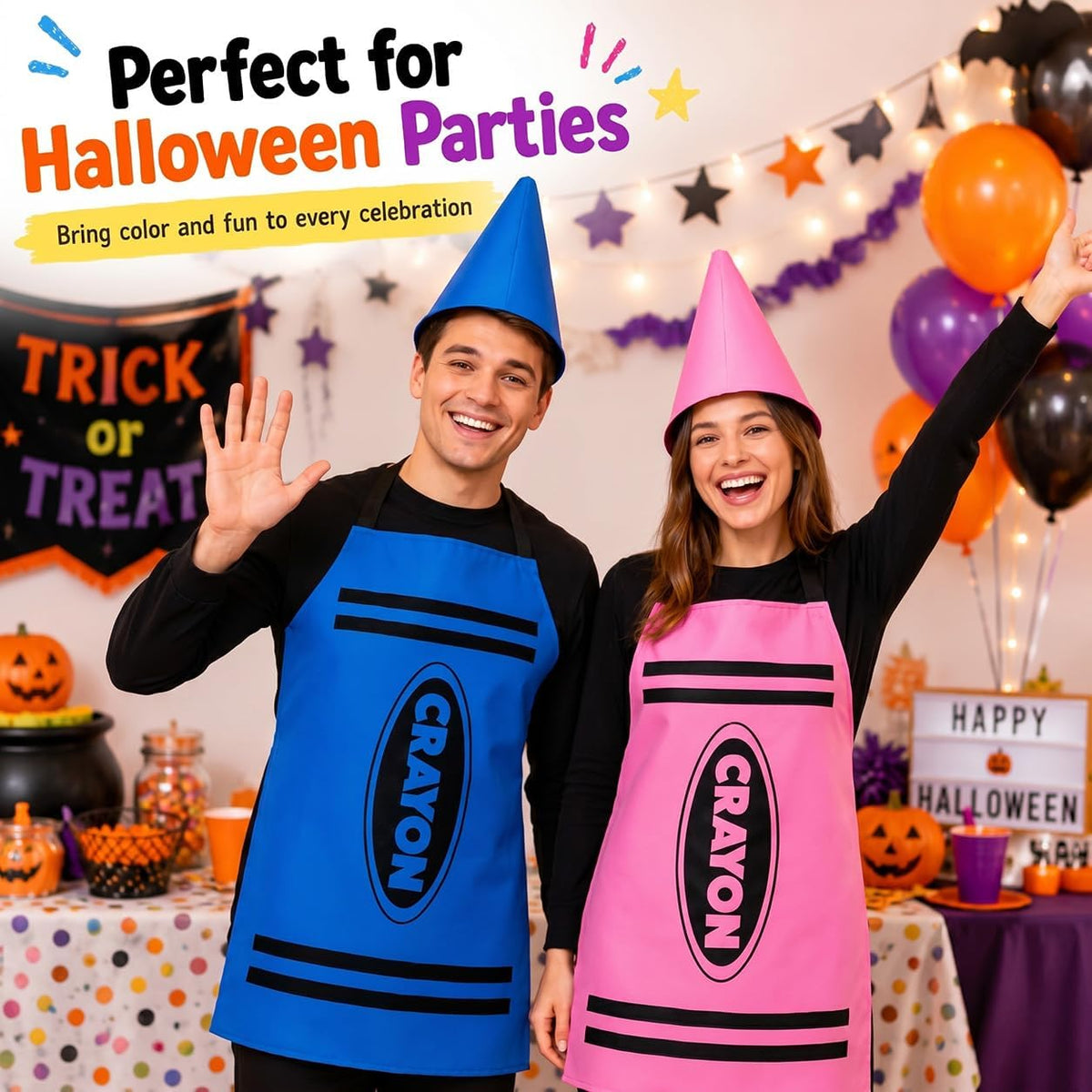 Crayon Costume Set for Adults - School Halloween Dress Up Outfit | Polyester Crayon Outfit with Apron and Cone Hat