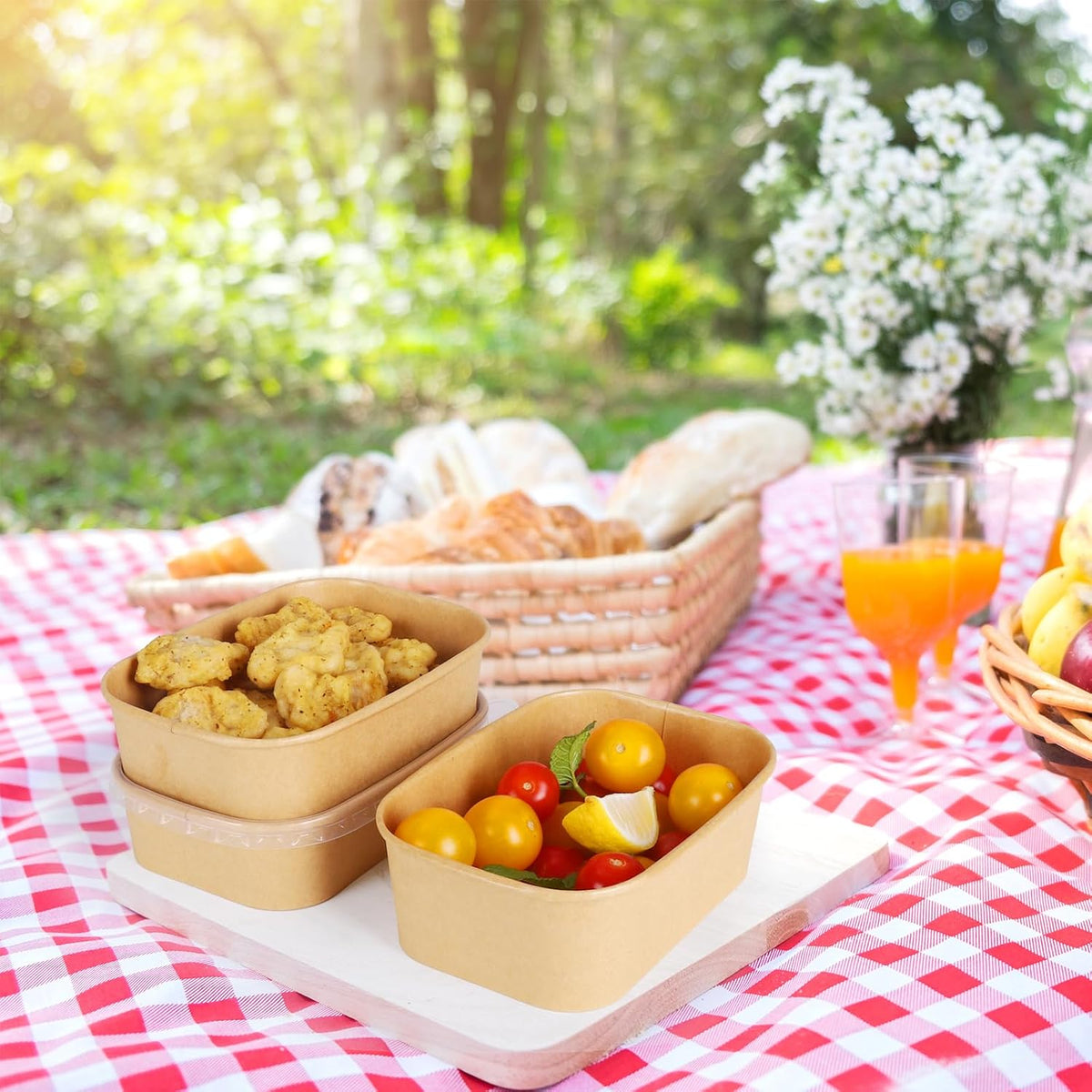 50 Sets 25oz Disposable Kraft Paper Bowls with Lids, Rectangle