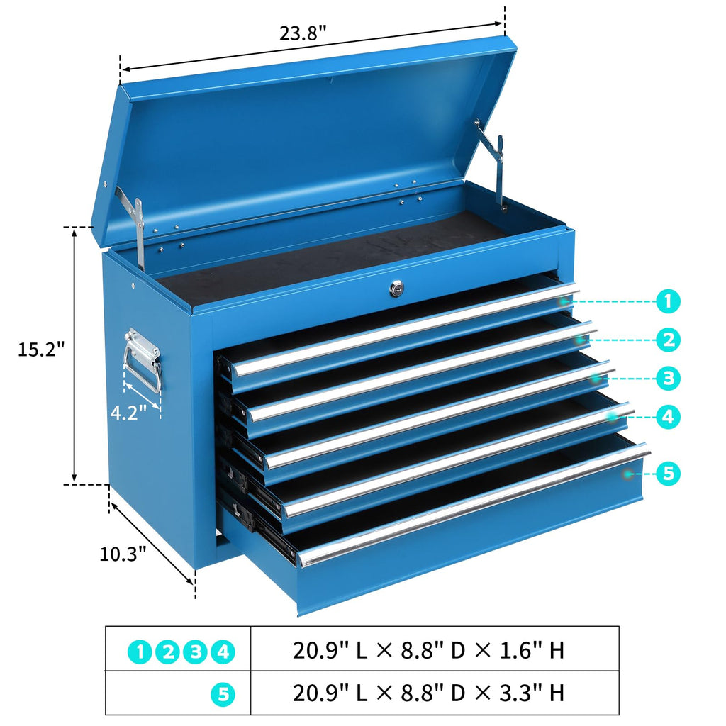 24" Portable Tool Box, 5 Drawer Tool Chest, Blue