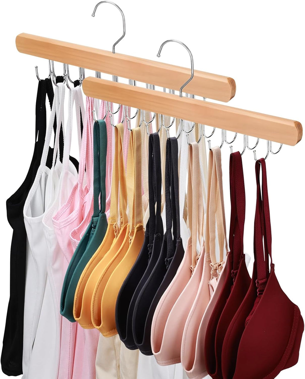 2 Pack Bra Hanger for Closet Organizer, Premium Wooden Tank Top Hangers with 36 Foldable Hooks, 360° Rotating Design