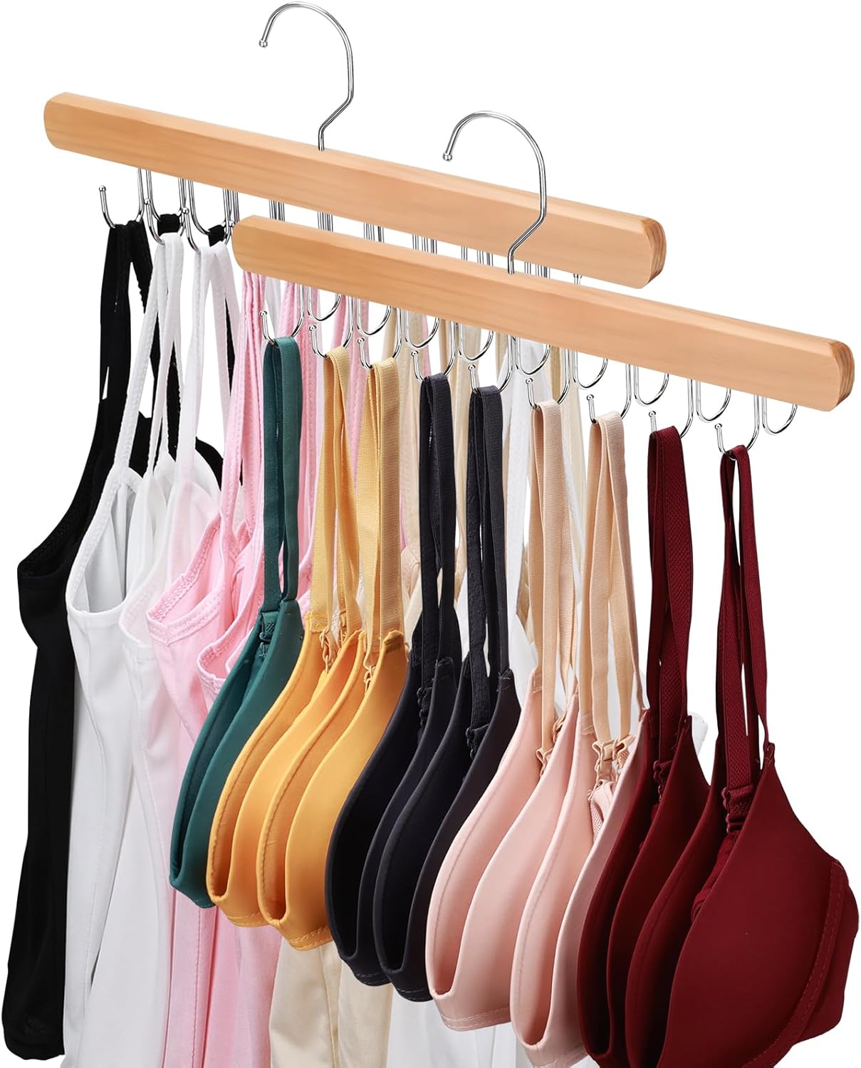 2 Pack Bra Hanger for Closet Organizer, Premium Wooden Tank Top Hangers with 36 Foldable Hooks, 360° Rotating Design