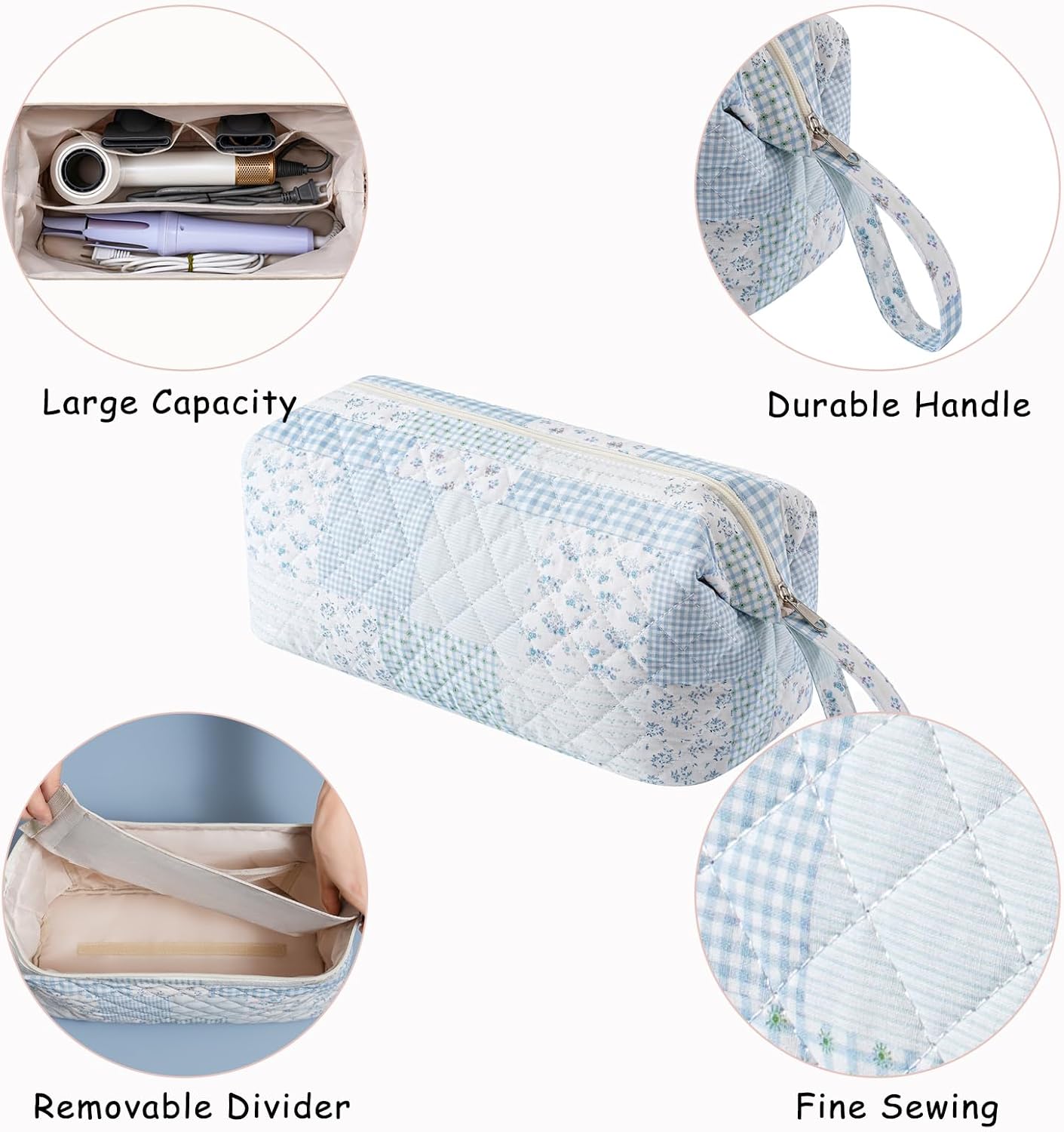 Large Quilted Hair Tools Travel Bag,Hair Styling Accessories Storage Case for Hair Dryer,Curling Iron,Flat