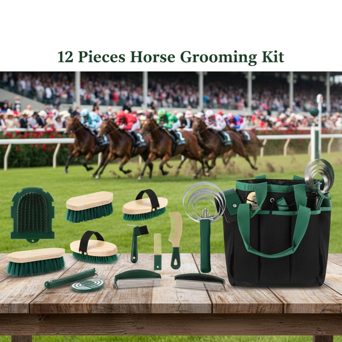 12 Piece Horse Grooming Kit with Organizer Tote Bag Brush Sets for Derby Day Show Horses Professional Tools for Care