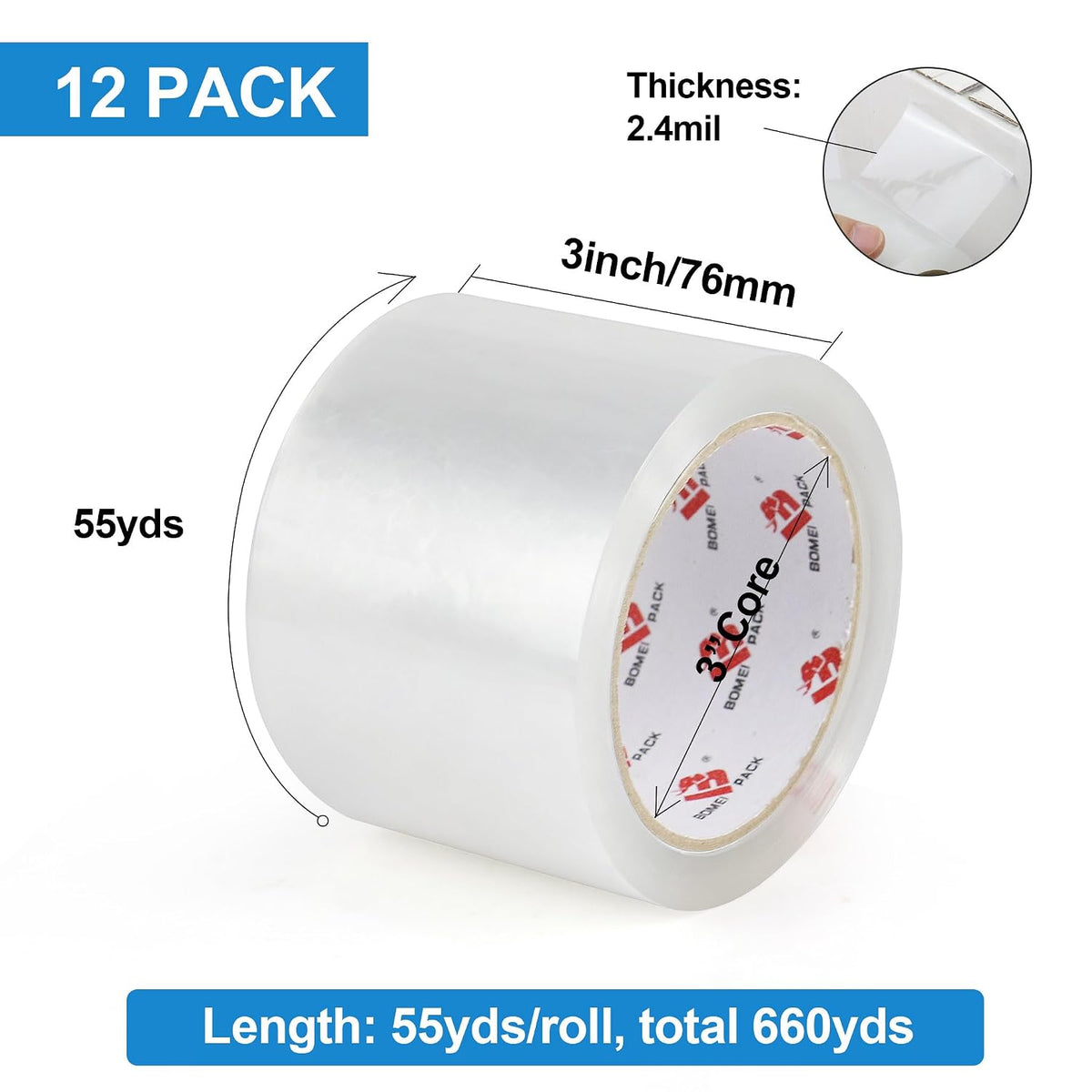 3" Clear Wide Packing Tape 12 Rolls, Total 660Y - 3 inch x 55 Yards, 2.4 mil Thick, Heavy Duty 3 Inch Wide Packaging